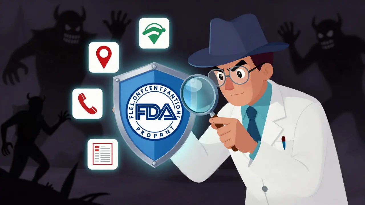 Detective pharmacist verifies safe online pharmacy with magnifying glass.