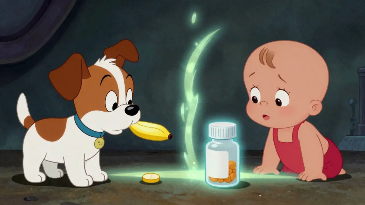 Dog and toddler separated by barrier near meds in vintage art