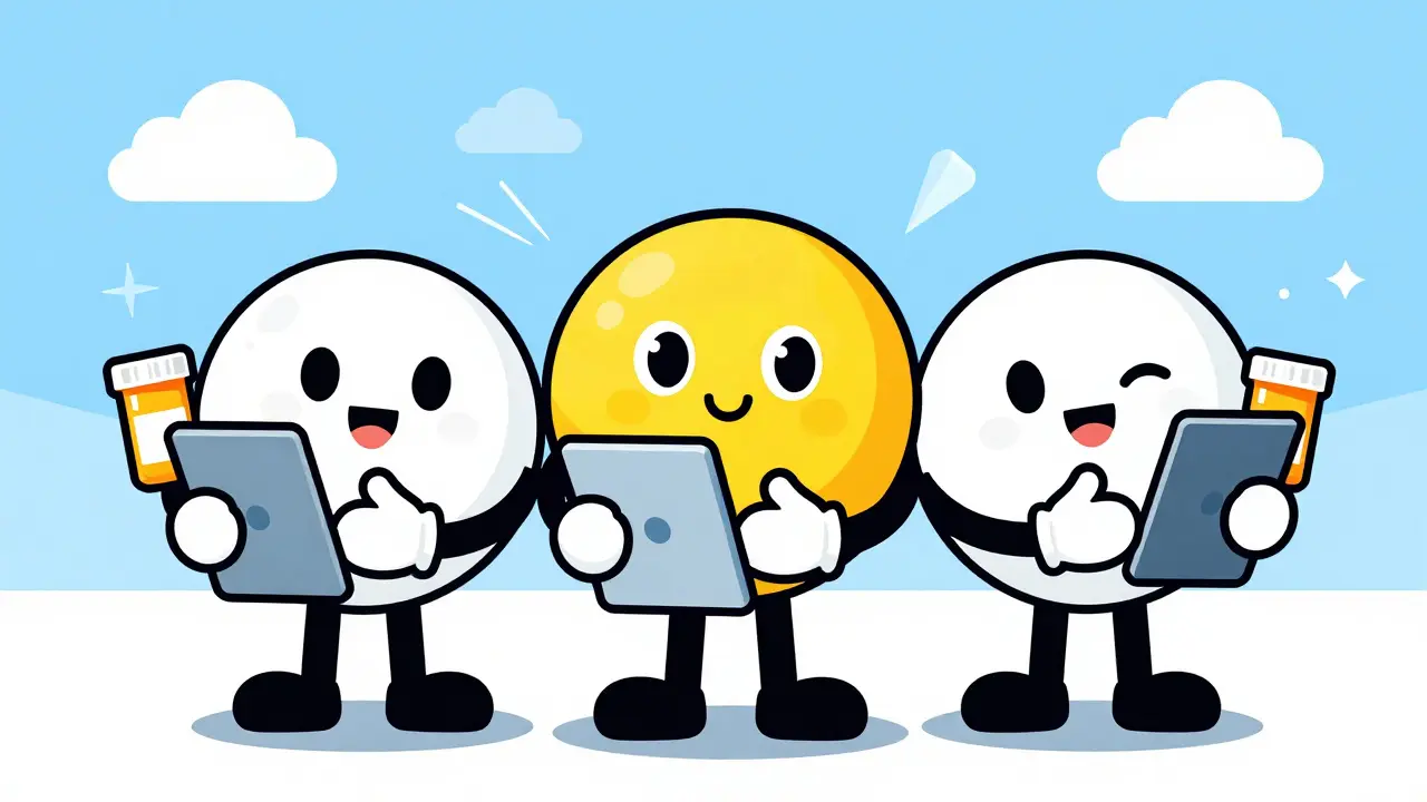 Friendly cartoon avatars representing online pharmacy services