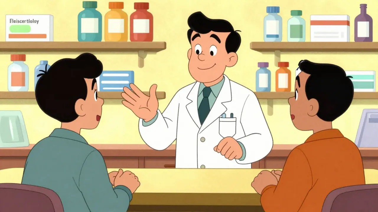 Friendly cartoon pharmacist explaining medication to patient