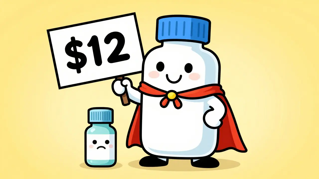 Friendly generic medicine bottle superhero saving money vs brand name.