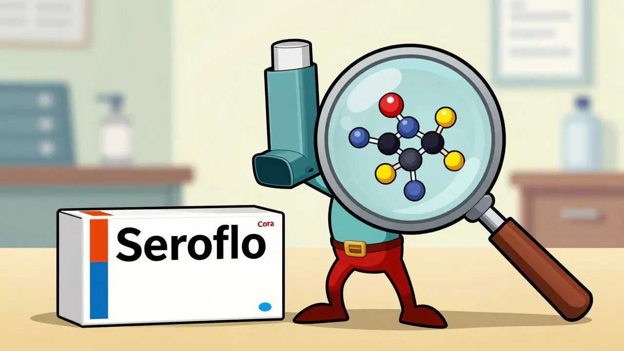 Generic inhaler compared to brand name, showing equal ingredients.