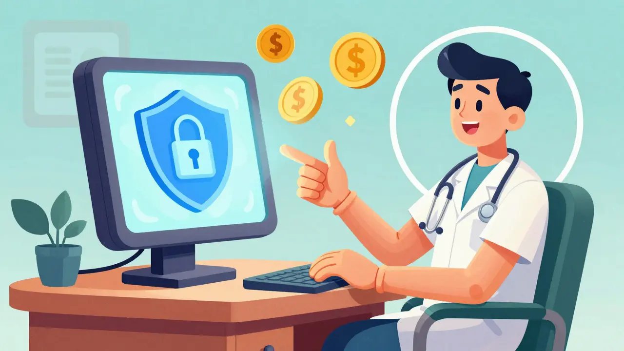 Happy character using computer to find cheap safe medicine online
