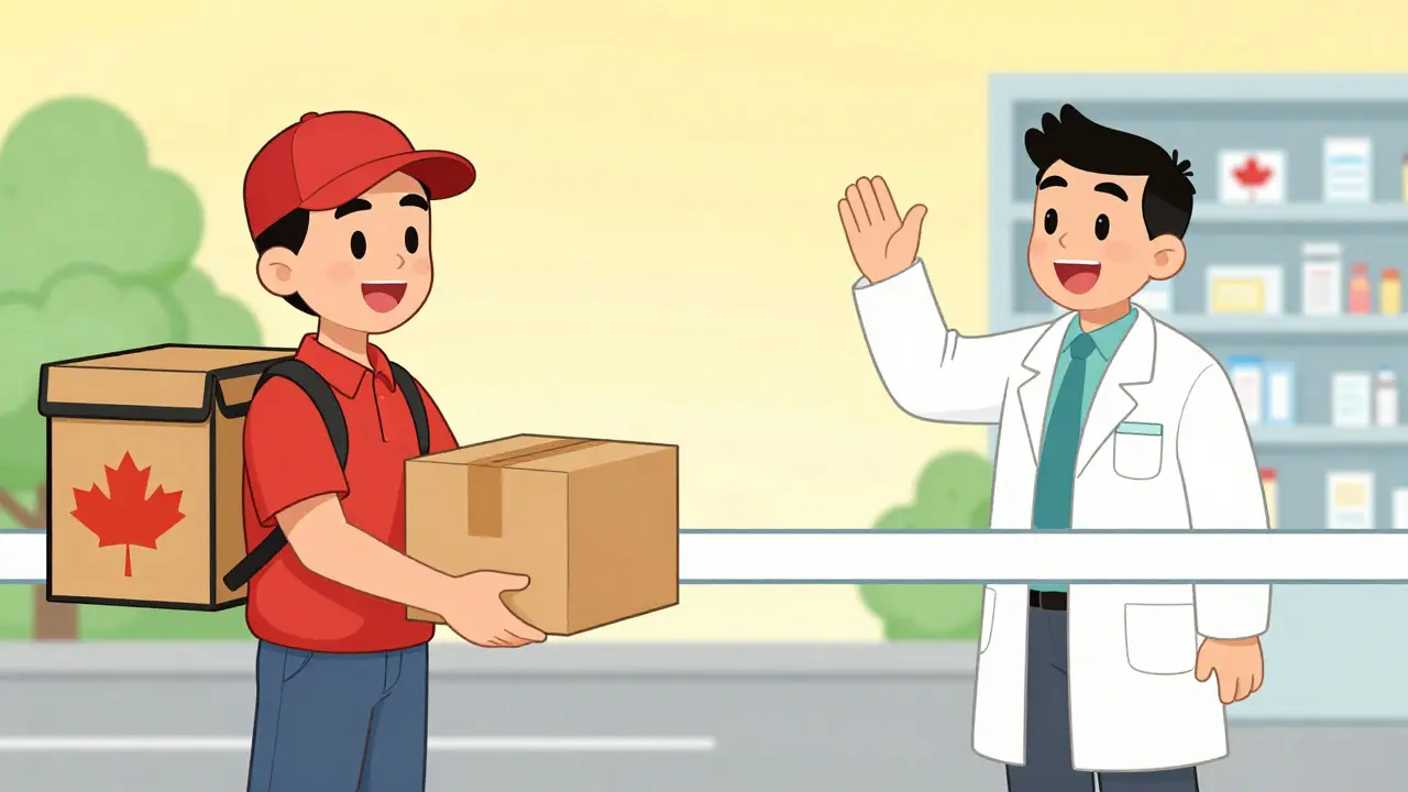Illustration of online pharmacy delivery and Canadian option.