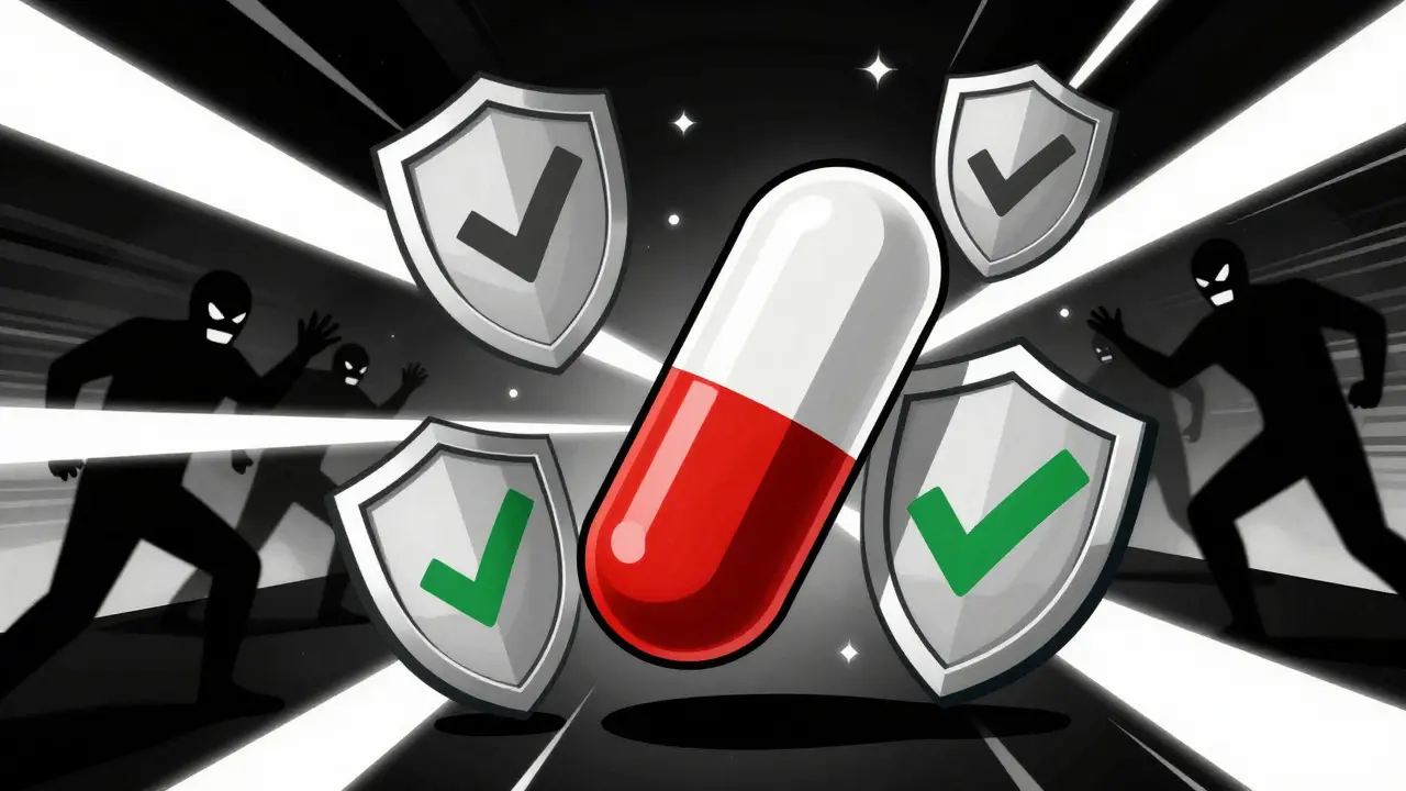 Illustration of safe medication vs fake pharmacy villains