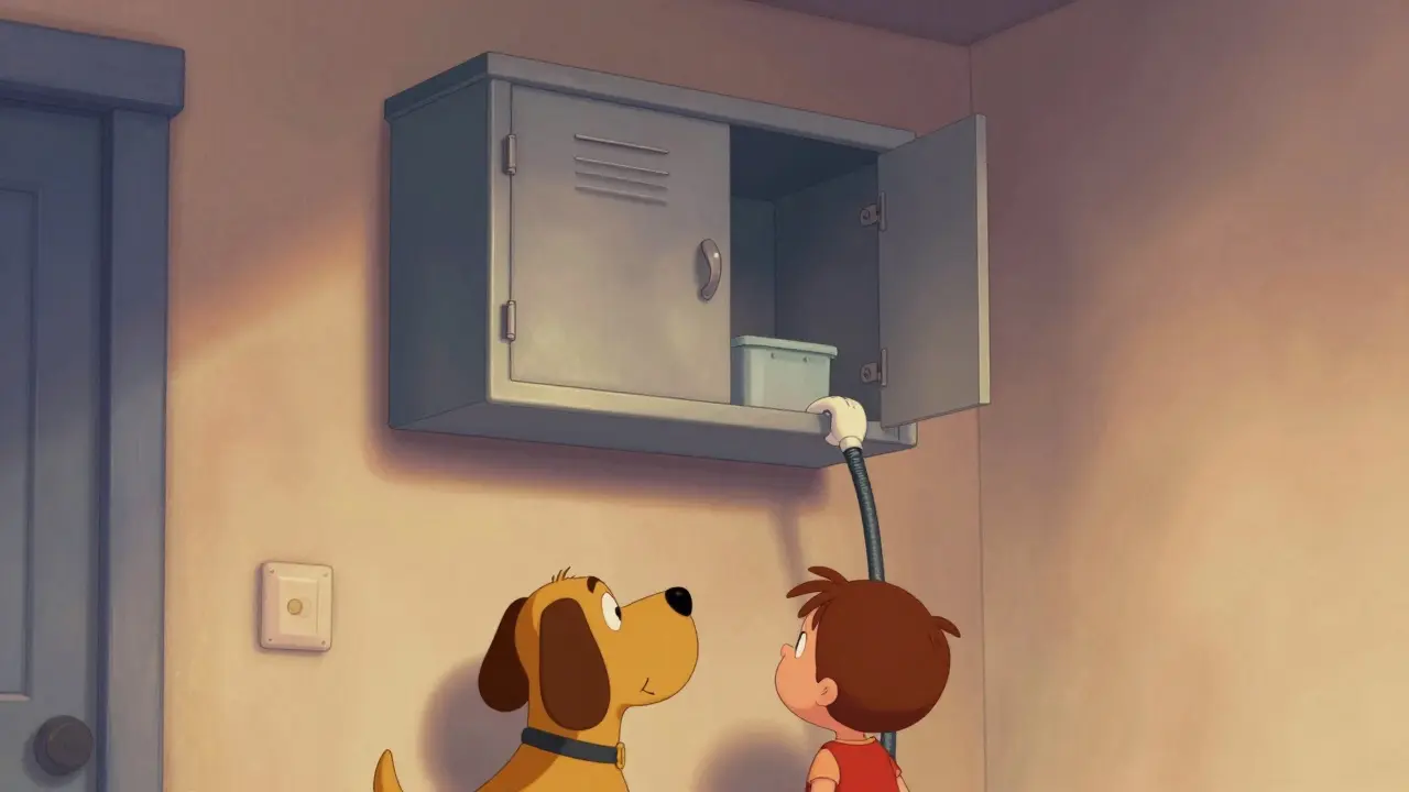 Locked medicine cabinet high up out of reach in retro cartoon