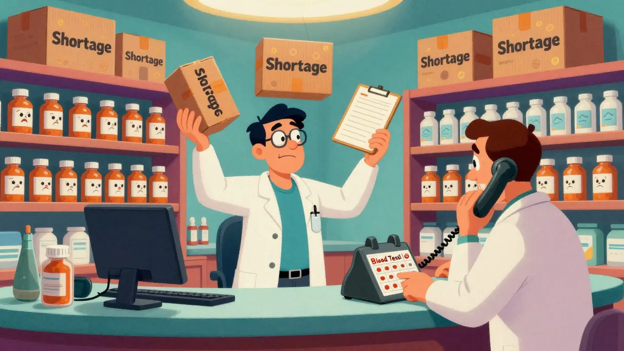 Stressed pharmacist managing NTI drug shortages and monitoring in classic style