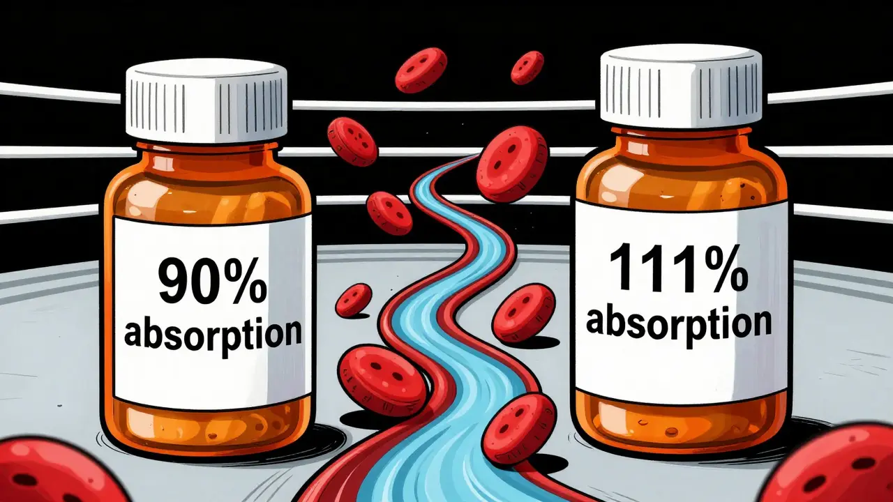 Two generic drug bottles competing over bioequivalence in retro cartoon art