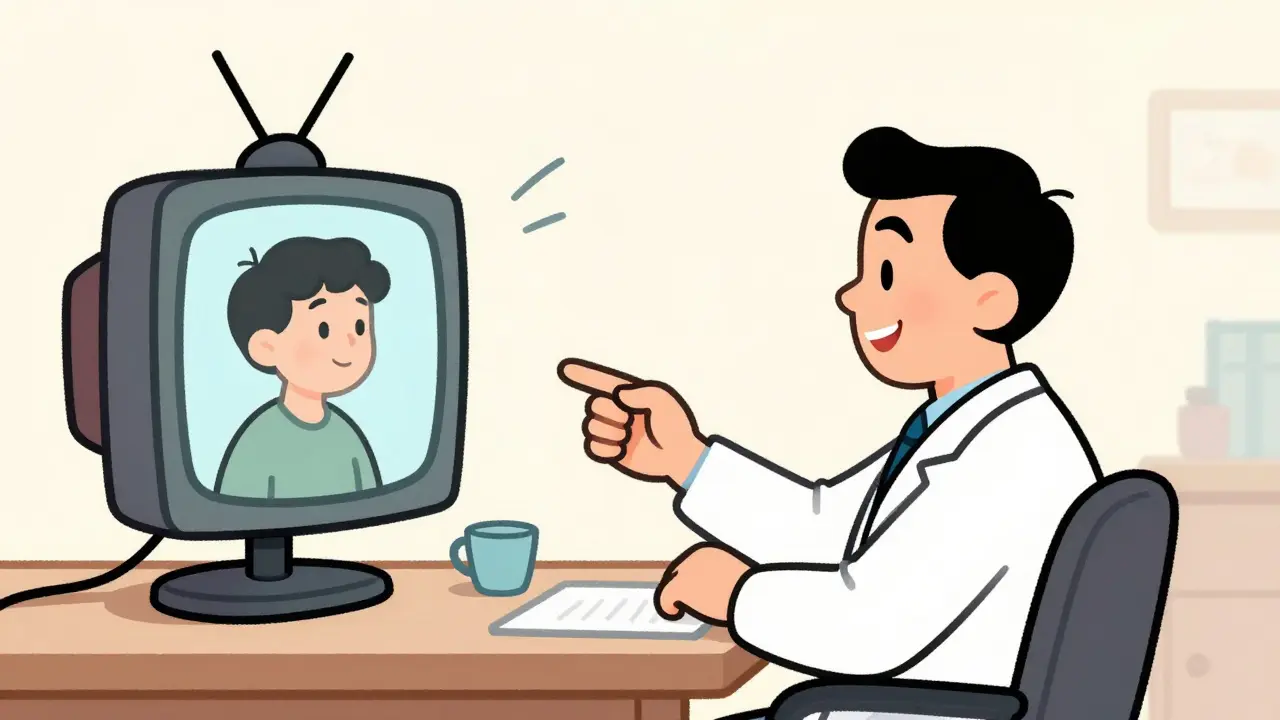 Vintage cartoon doctor video chatting with patient via TV screen