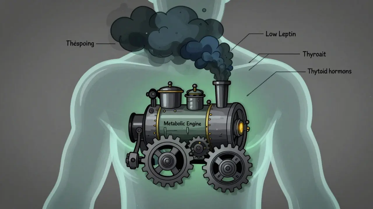 Vintage style drawing of slowing metabolic engine inside body