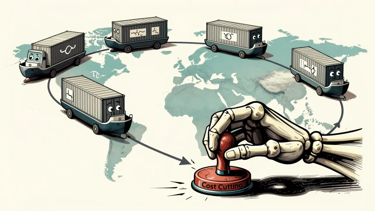 Animated cargo ships traveling across a map with a shadowy hand squeezing quality control.