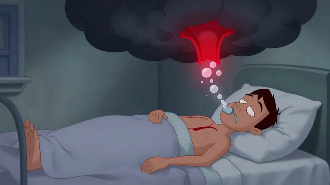 Animated figure sleeping with blocked airway shadow