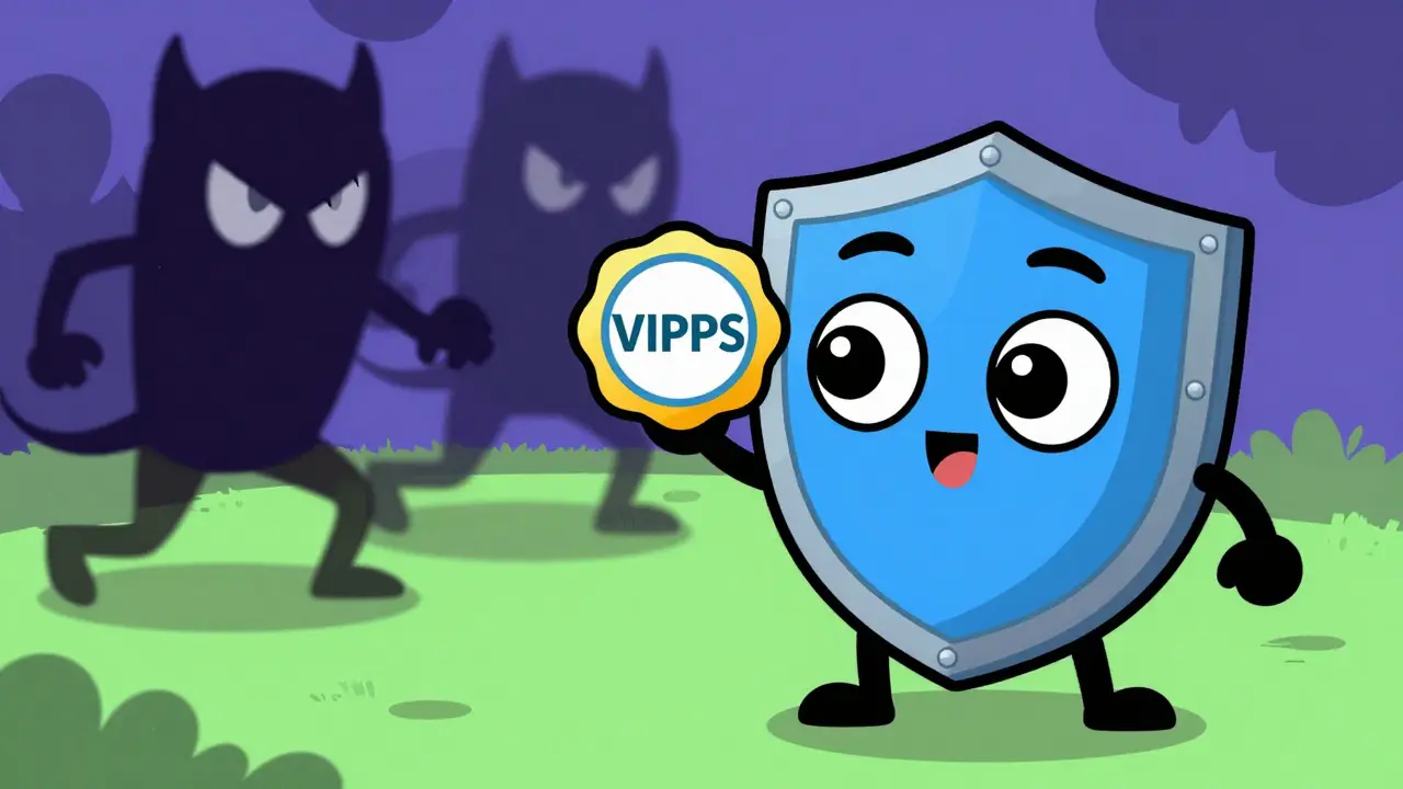 Animated shield protecting against fake online pharmacies with VIPPS seal
