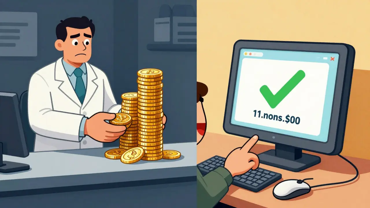 Cartoon comparison of expensive pharmacy vs cheap online drug purchase.