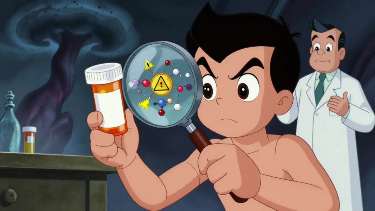 Cartoon patient inspecting a pill bottle with a magnifying glass, revealing hidden dangers.