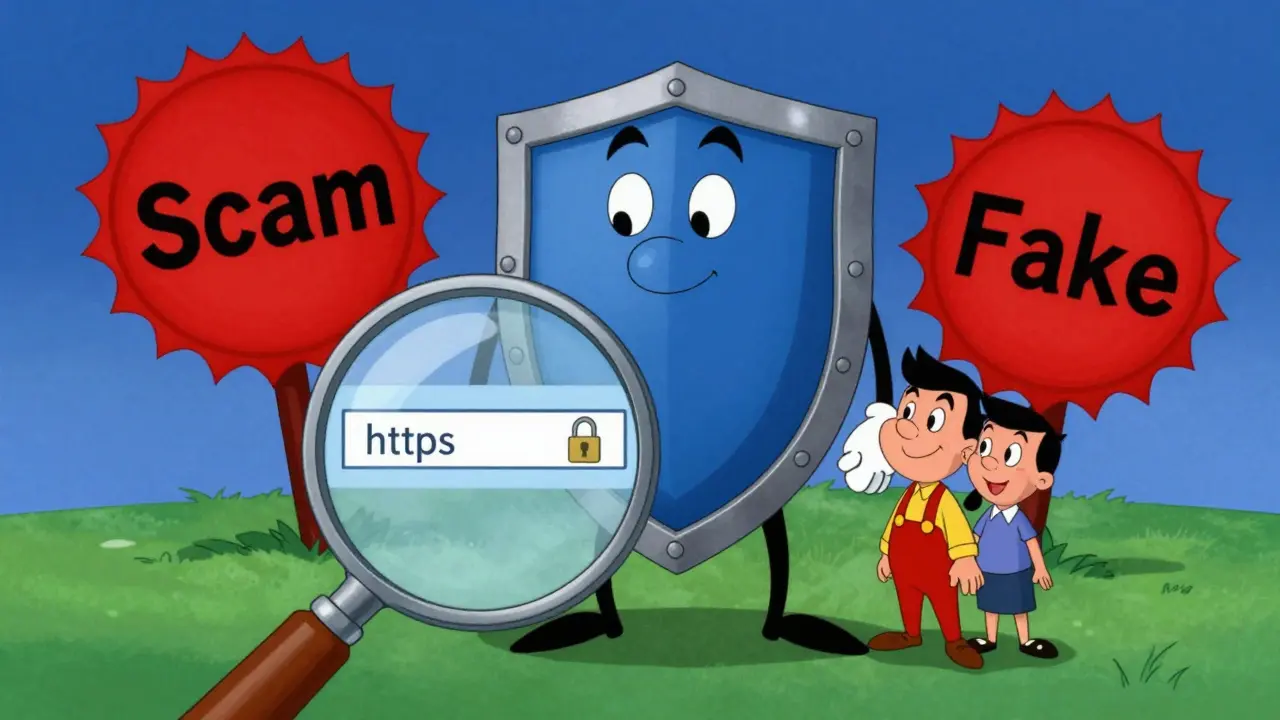 Cartoon shield protecting family from online pharmacy scams with security icons.