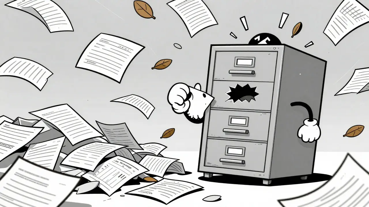 Chaotic cartoon of filing cabinet sorting incomplete drug report forms
