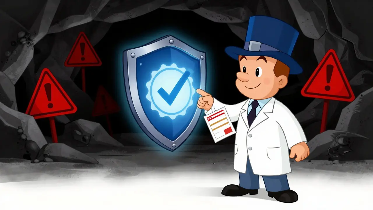 Detective checking safety seals against fake pharmacy threats