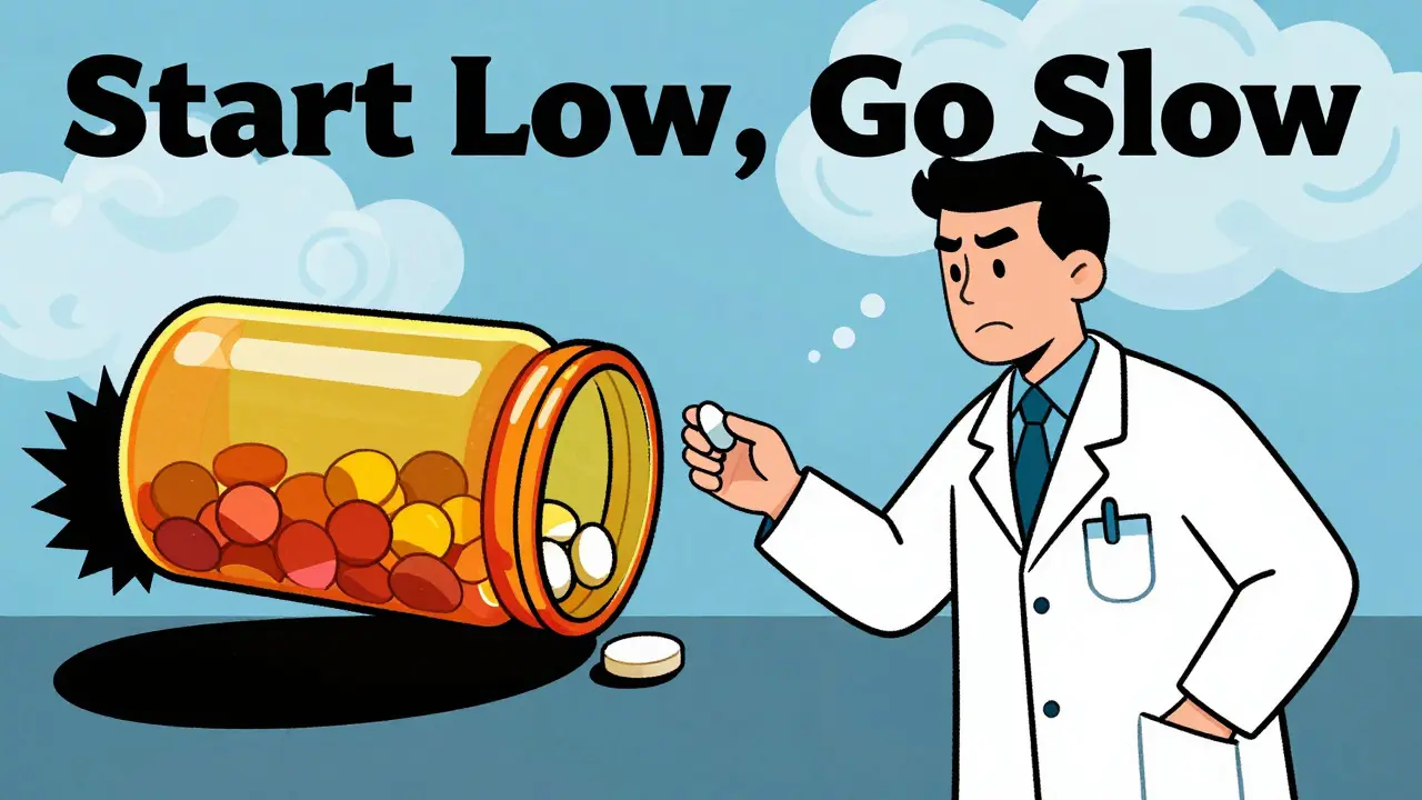 Doctor giving small pill vs patient holding large risky bottle