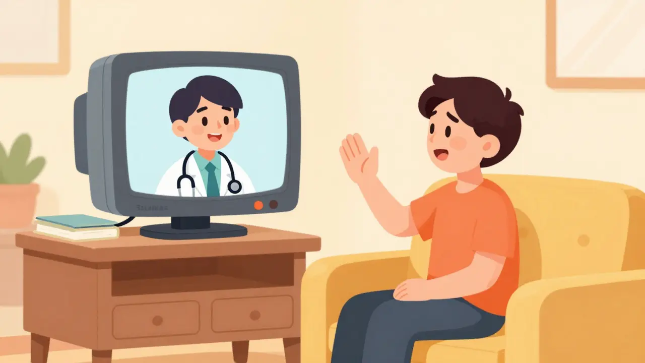 Friendly doctor consulting with patient via video call in cartoon style