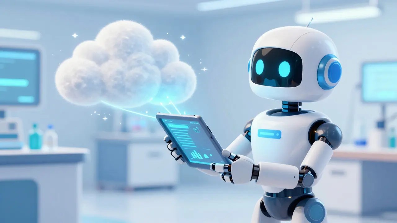 Friendly robot connecting tablet to database cloud for better data tracking