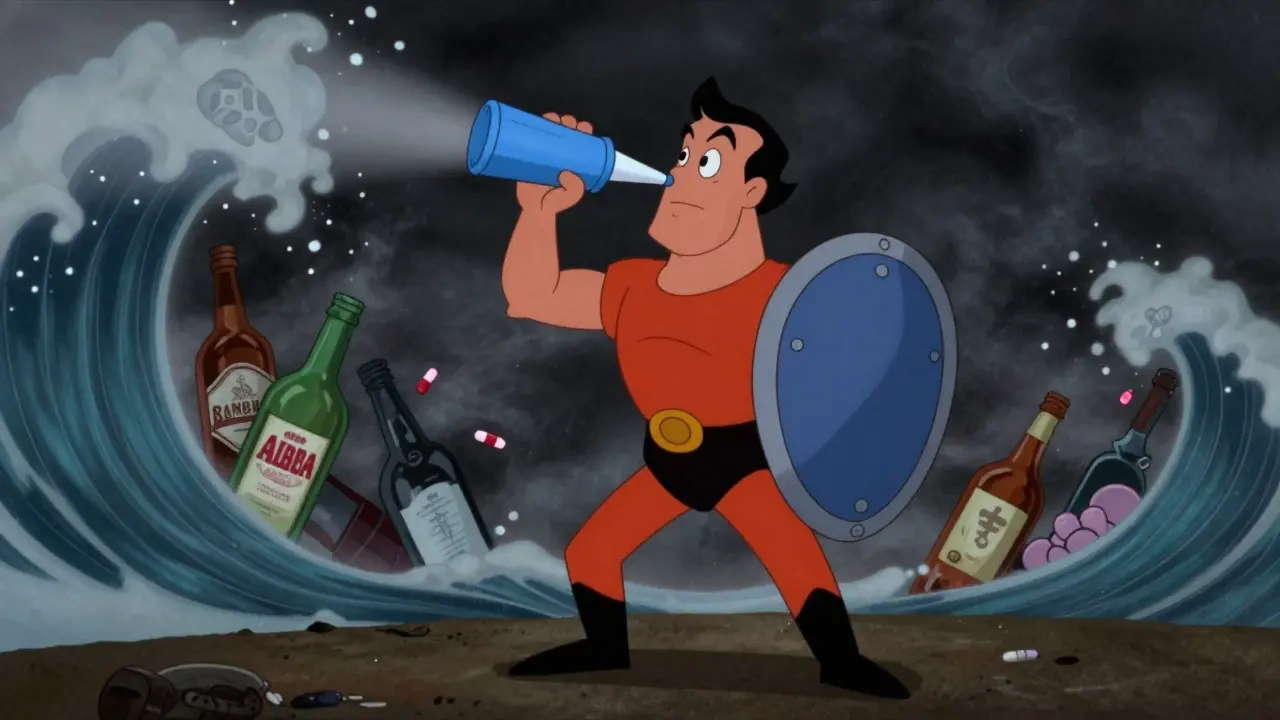 Hero holding naloxone shield against storm of mixed substances