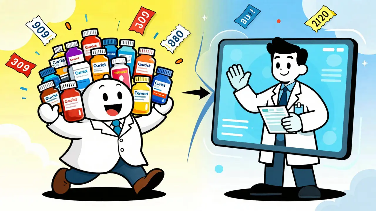 Illustration comparing bulk OTC pill bottles and telehealth doctor service for buying medication
