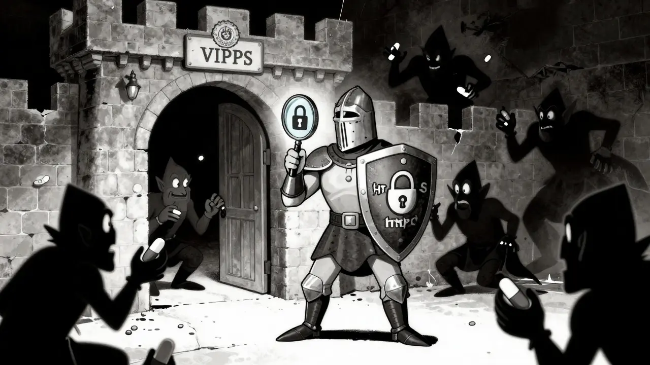 Knight guarding VIPPS certified pharmacy gate against shadowy scam goblins in vintage cartoon style