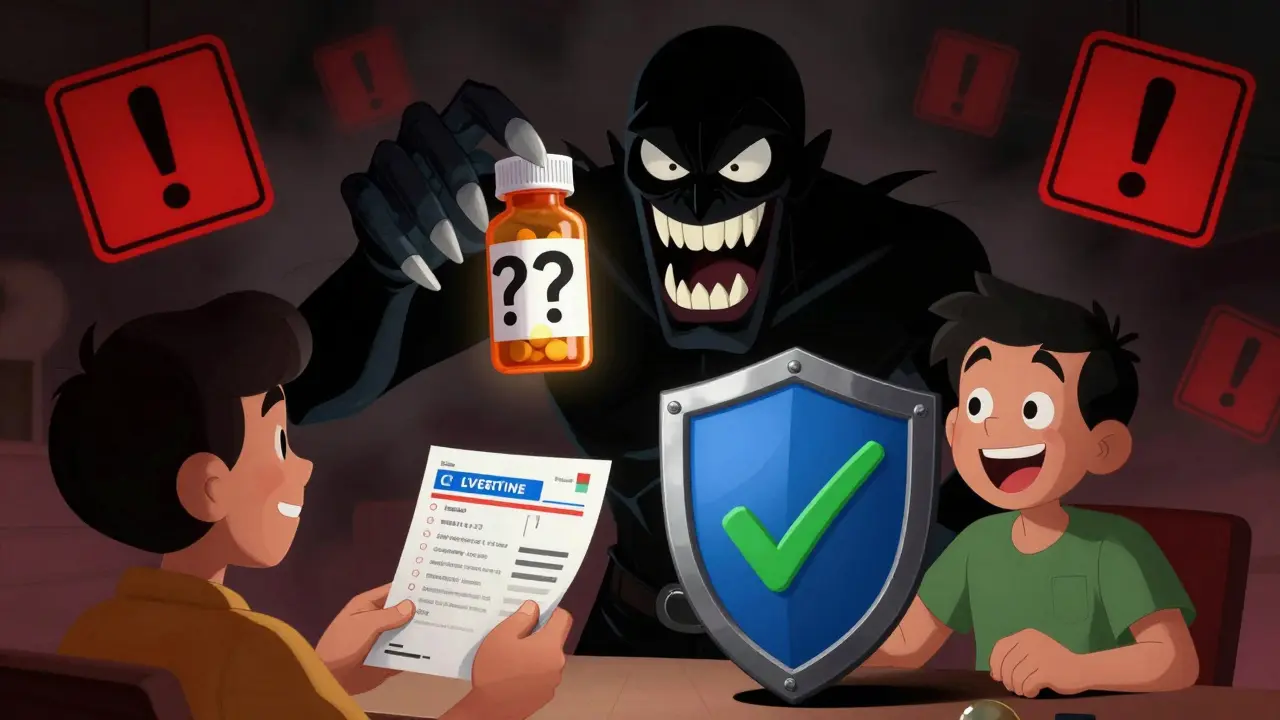 Warning against fake pharmacies with shield protecting customer