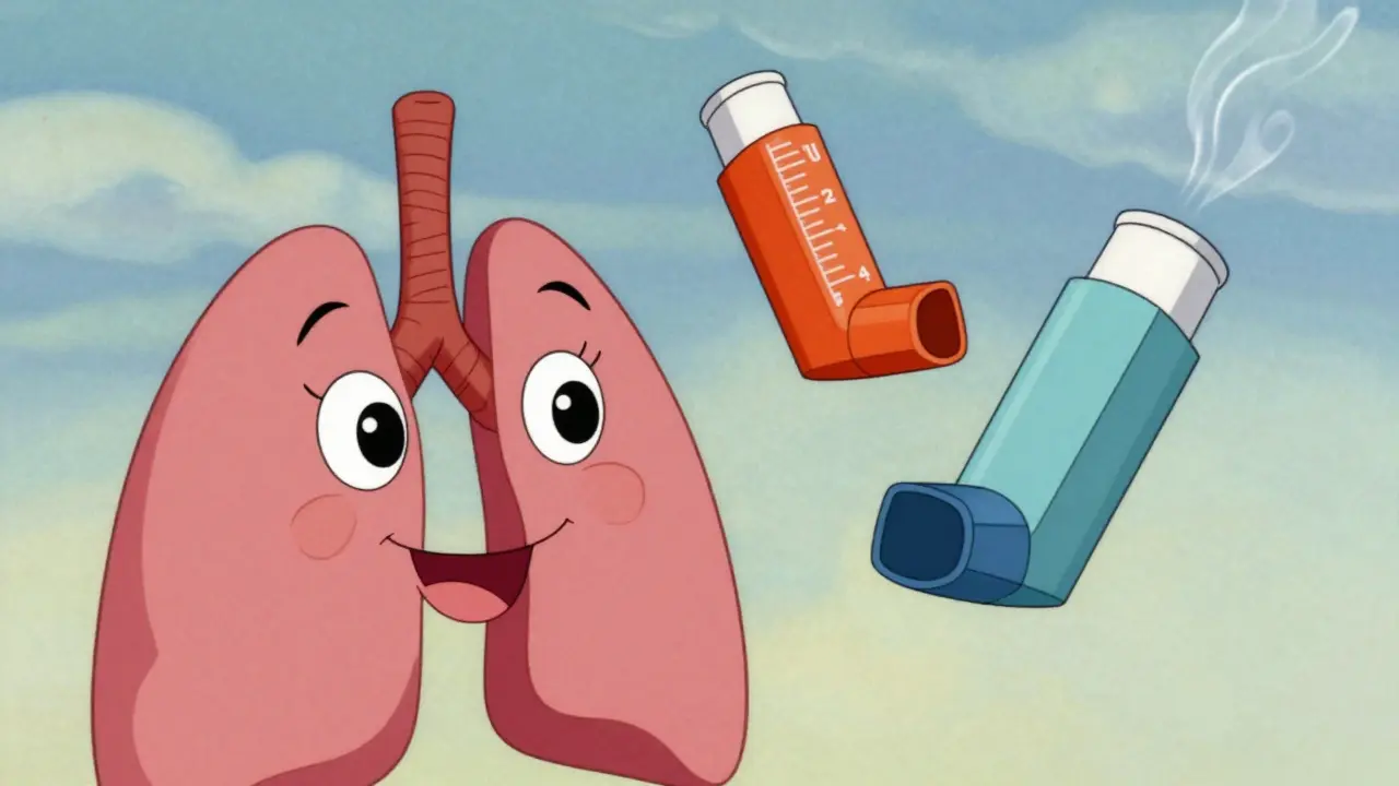 Whimsical illustration of lungs and different types of asthma inhalers